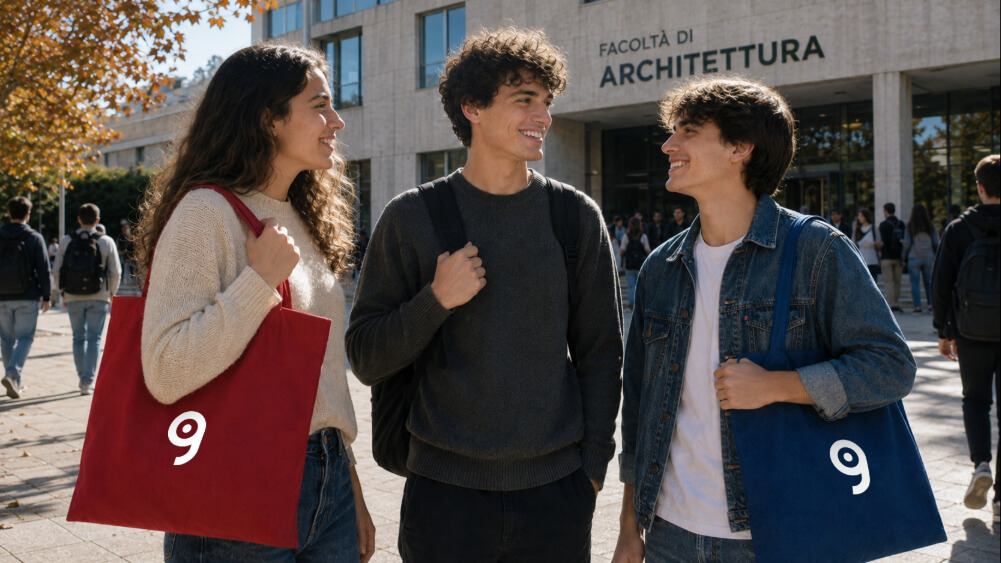 ragazzi all'universita con shopper