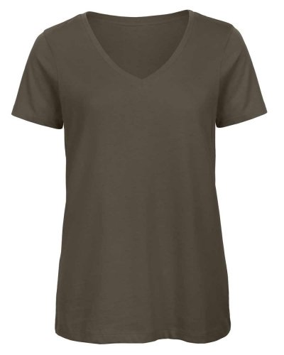 T-shirt donna in cotone organico scollo a v Khaki Green