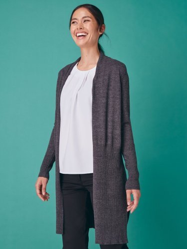 Cárdigan largo de mujer en algodón-acrílico, con ribetes, varios colores