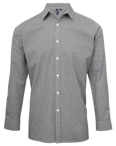 Men's Long Sleeve Microcheck Gingham Shirt Black White