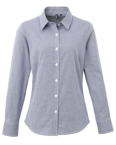 Ladies' Long Sleeve Microcheck Gingham Shirt Navy white