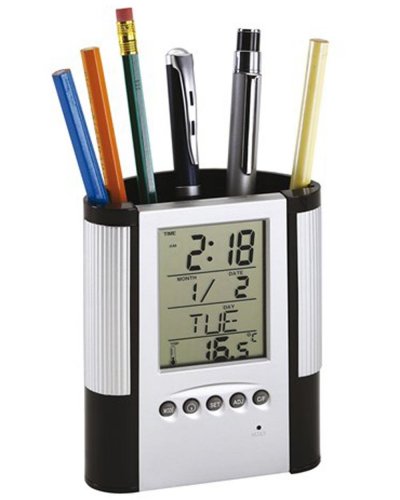 Sveglia LCD e portapenne BUTLER Argento / Nero