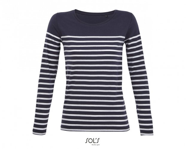 T-shirt donna manica lunga rigata Matelot Blu Oltremare / Bianco