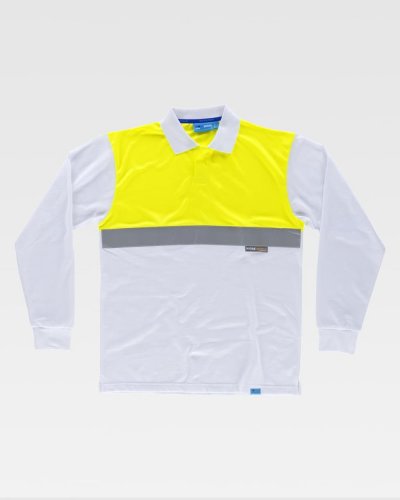 Polo antibatterica Maniche lunghe alta visibilità Bianco/Giallo