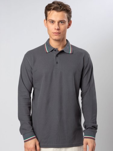 Polo Italy homme à manches longues tricolore, 100% coton piqué