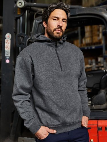 Bio Workwear Pull à moitié zip unisexe, capuche réglable, Gris