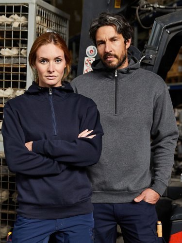 Bio Workwear Pull à moitié zip unisexe, capuche réglable, Gris