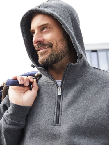 Bio Workwear Pull à moitié zip unisexe, capuche réglable, Gris