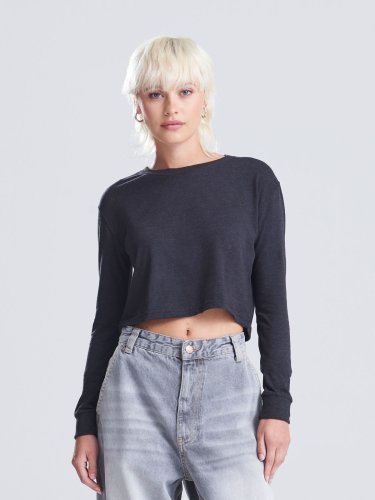 Camiseta corta cuello redondo Heather Black, mangas largas