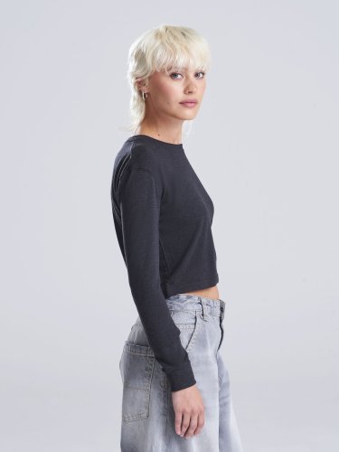 Camiseta corta cuello redondo Heather Black, mangas largas