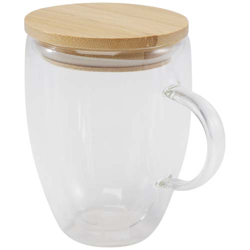 Tazza in vetro da 350 ml con coperchio in bambù leona