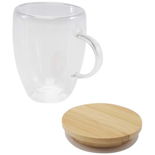 Tazza in vetro da 350 ml con coperchio in bambù leona