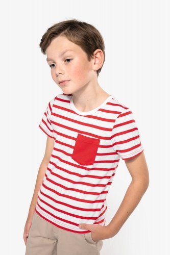 T-shirt bambino manica corta a righe stile marinaio con tasca