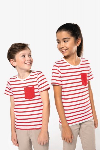 T-shirt bambino manica corta a righe stile marinaio con tasca