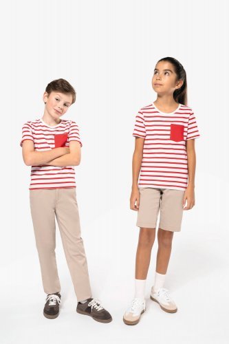 T-shirt bambino manica corta a righe stile marinaio con tasca