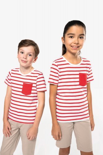 T-shirt bambino manica corta a righe stile marinaio con tasca
