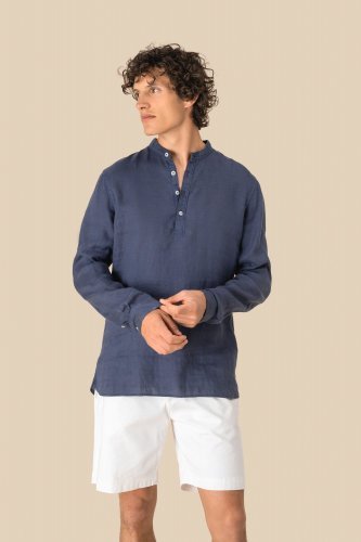 Camicia uomo con collo alla coreana slavata in lino