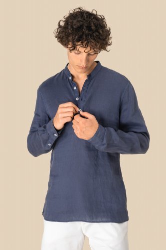Camicia uomo con collo alla coreana slavata in lino