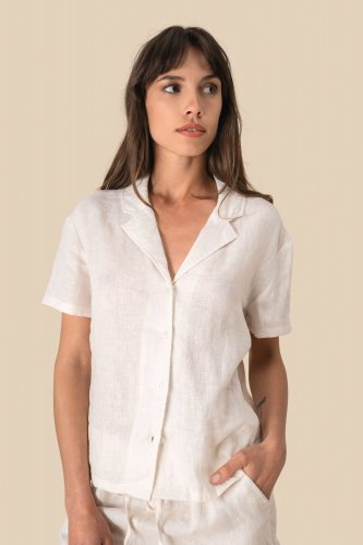 Camicia donna a maniche corte in lino con collo bowling
