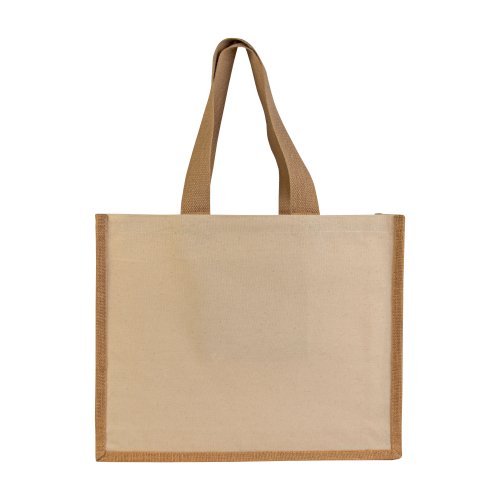 Shopper con soffietto alla base in juta e canvas