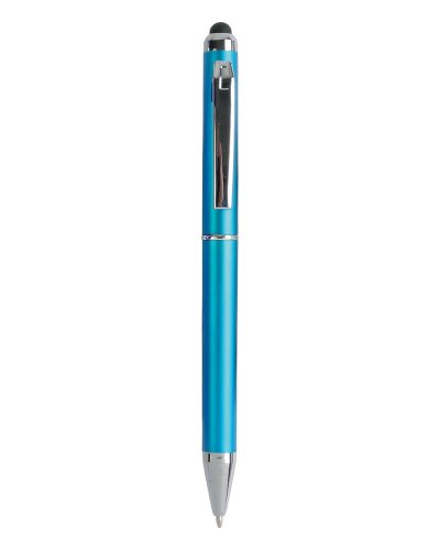 Penna in plastica con meccansmo a rotazione e gommino touch screen Celeste