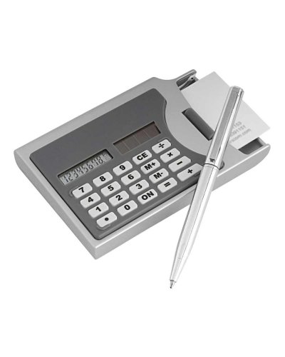 Portatarjetas con calculadora y bolígrafo