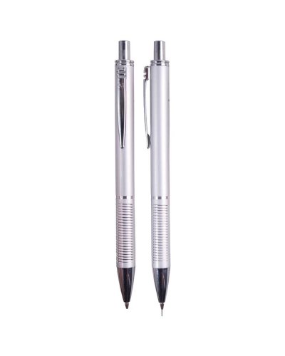 Set penna a sfera + portamine in metallo Argento