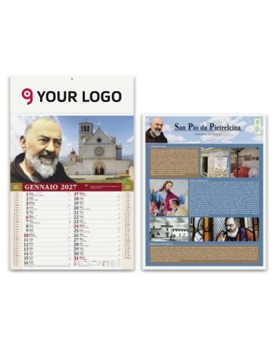 Calendario mensile San Pio 2027, 12 fogli, 29x47cm, carta patinata