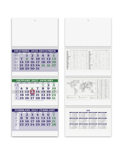 Calendario trittico 3 spirali lusso 31x80 cm carta naturale 2027 Verde