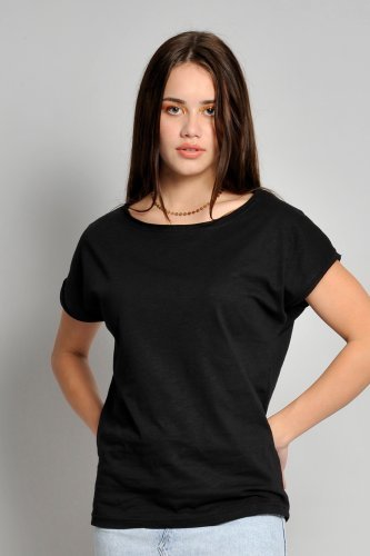 Camiseta de mujer de algodón 100% con cuello amplio regular y mangas c