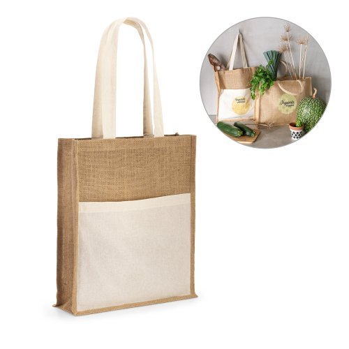 Bolso de yute natural con bolsillo frontal y asas de algodón de 65 cm
