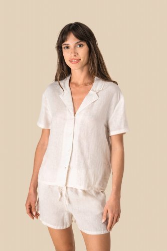 Camicia donna a maniche corte in lino con collo bowling