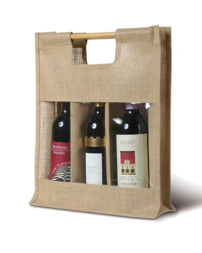 Sac en jute porte  boutteilles (3 places) avec manches en canne et fen