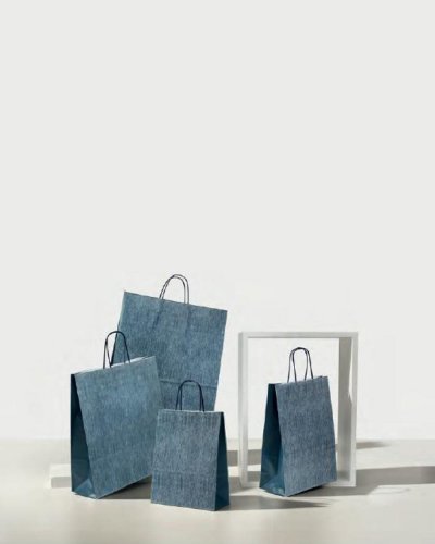 Shopper de papel kraft blanco con asa azul 27x12x37cm - 100g/m²