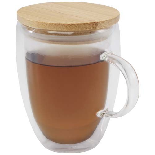 Taza de vidrio de 350 ml con tapa de bambú "leona"