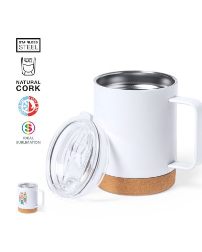 Taza Térmica Wifly 330 ml Blanca de Acero Inoxidable y Corcho