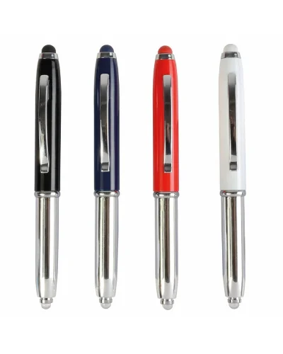 Mini penna a sfera argento con luce, clip metallo e gommino touch