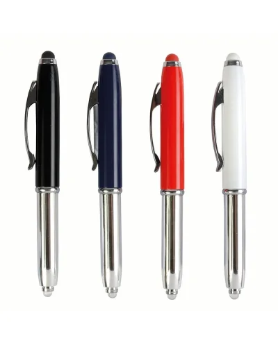 Mini penna a sfera argento con luce, clip metallo e gommino touch