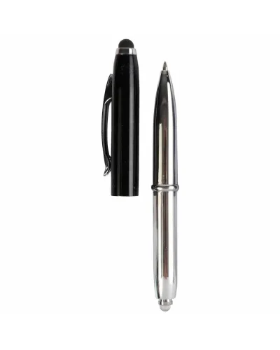 Mini penna a sfera argento con luce, clip metallo e gommino touch