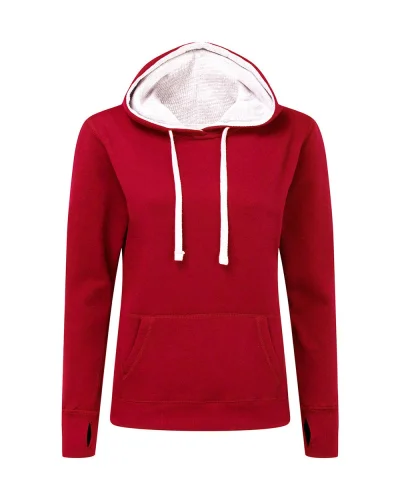 Felpa Donna  Cappuccio Bicolore Cotone Tasche Pollice Red/White