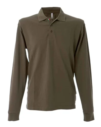 Polo New Zeland uomo manica lunga tricolore, 100% cotone piqué Army Green