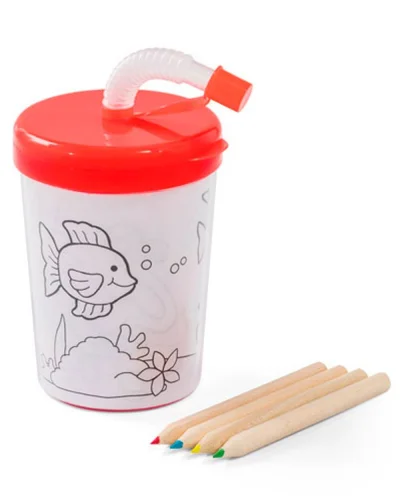 Bicchiere colorabile 200ml con cannuccia e matite in scatola regalo Rosso
