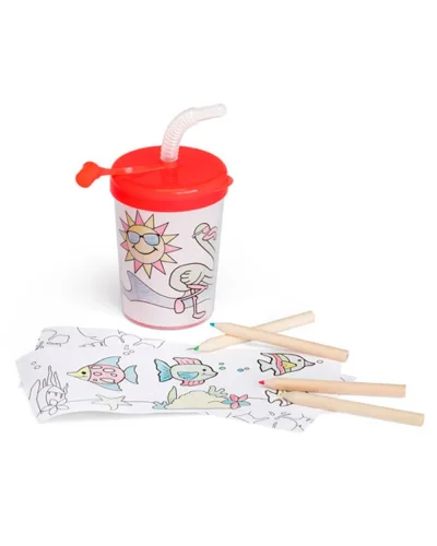 Bicchiere colorabile 200ml con cannuccia e matite in scatola regalo