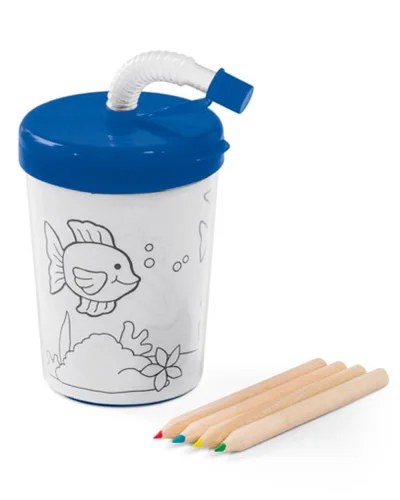 Bicchiere colorabile 200ml con cannuccia e matite in scatola regalo Blu