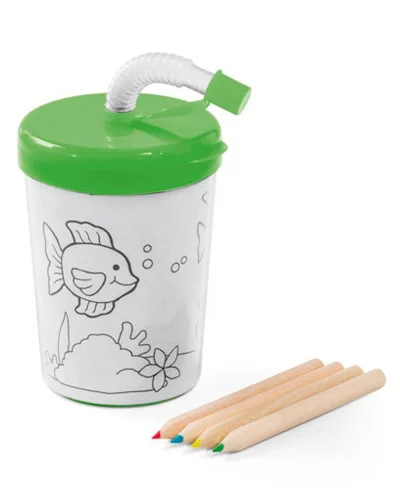 Bicchiere colorabile 200ml con cannuccia e matite in scatola regalo Verde Chiaro