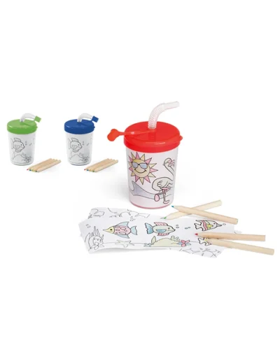 Bicchiere colorabile 200ml con cannuccia e matite in scatola regalo