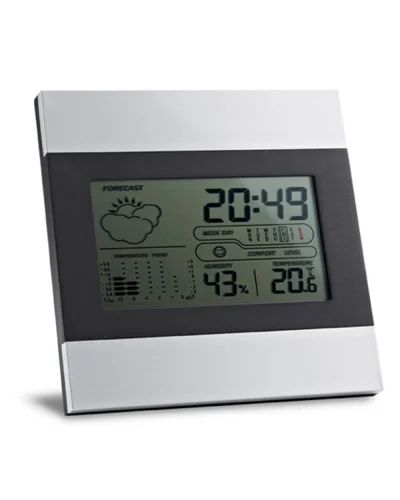 Orologio da scrivania in alluminio LCD con meteo e sveglia – Argento