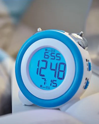 Sveglia Modern Retro in acciaio, display blu, doppia allarme, 10cm