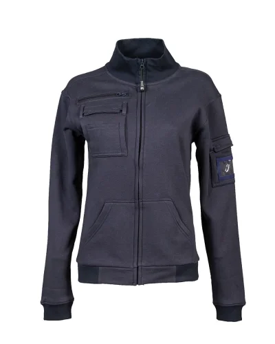 Felpa New Italy Lady donna, cotone 80%, zip lunga, tasche, regular Navy