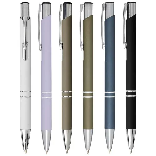 Penna a sfera Moneta nera soft touch in alluminio finiture cromate